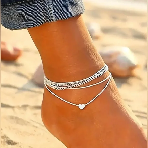 Layered Wrap Around Heart Anklet Silver Tone White NEW - Picture 7 of 8